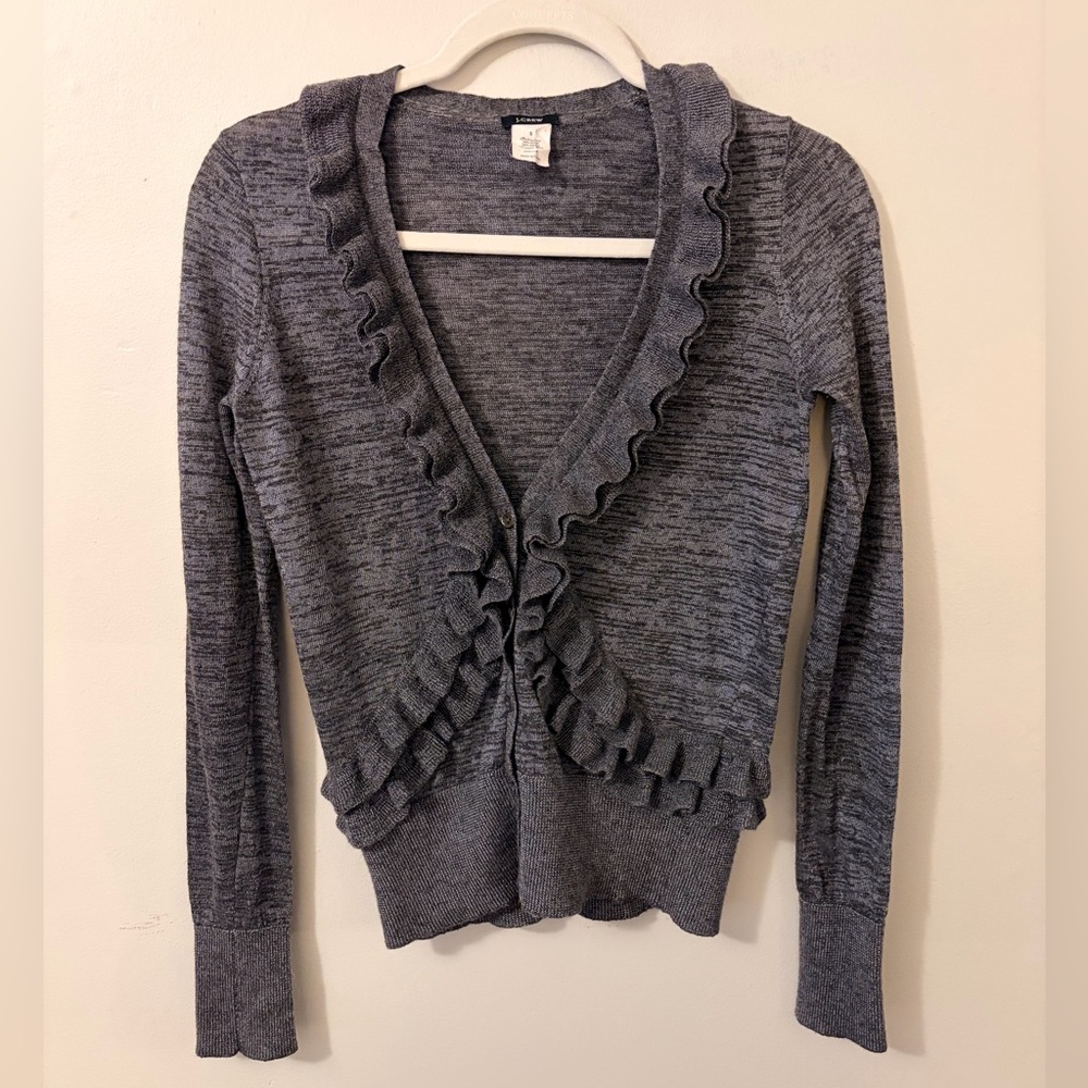 J. Crew Ruffled V-Neck Cardigan Sweater - Gray Heather - Picture 2 of 5